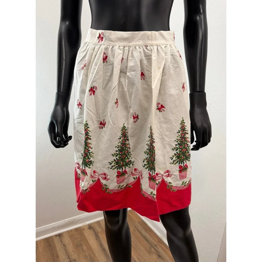 Vintage Christmas Half Apron Tree Bow Print Red Cream Holiday Hostess